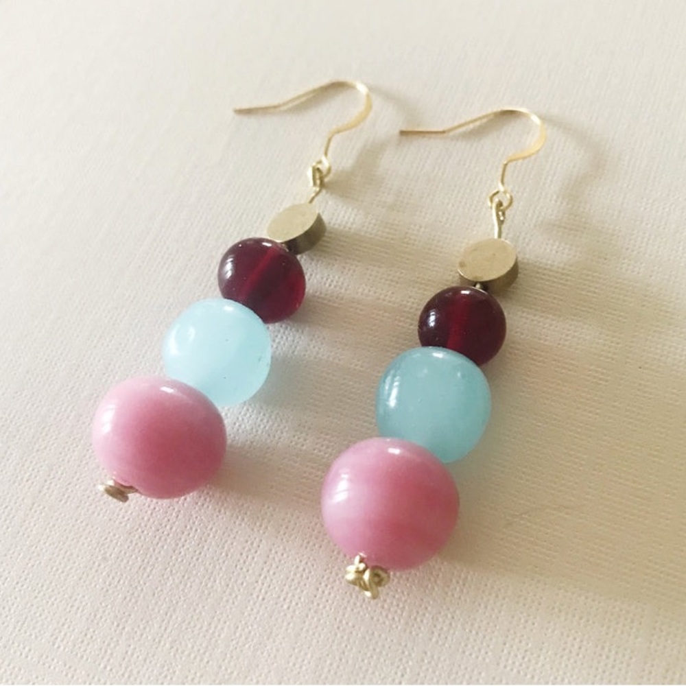 Cotton Candy Color Japanese Vintage Bead Earrings Long Circle Dangle French Hook